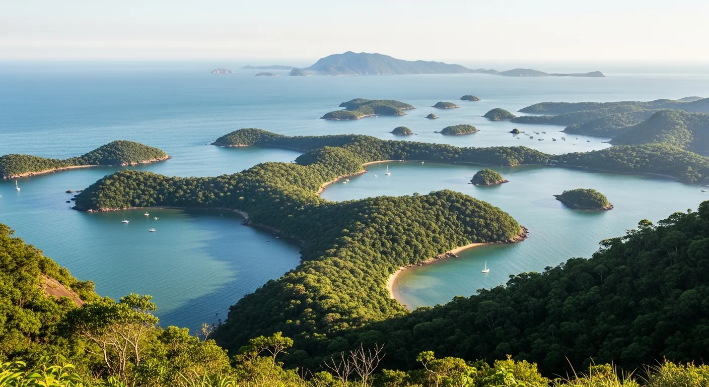 Panorama of the Bay of Paraty with peninsulas and islands seen from altitude