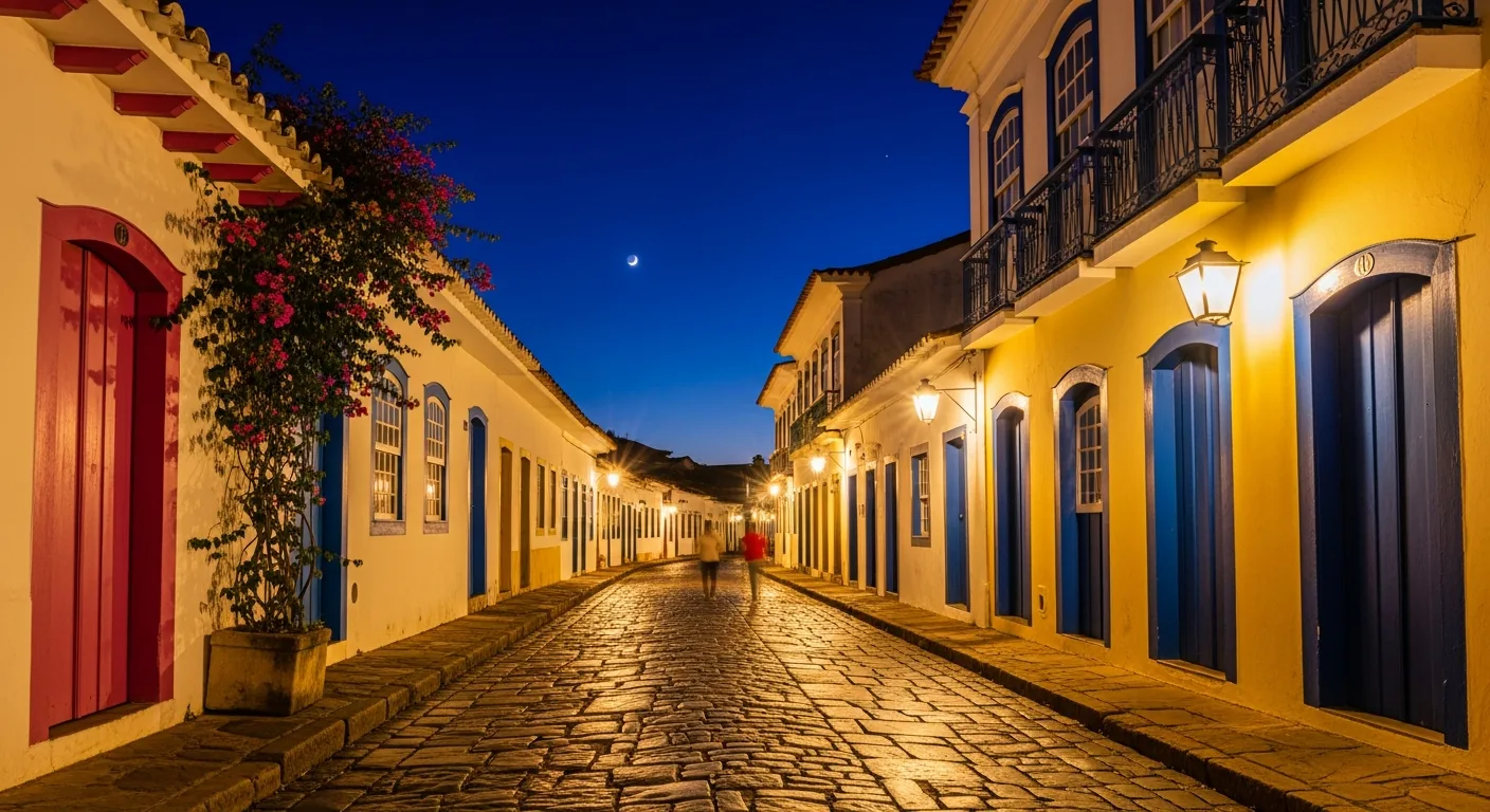 Cobblestone colonial street in Paraty at night with warm lantern light
