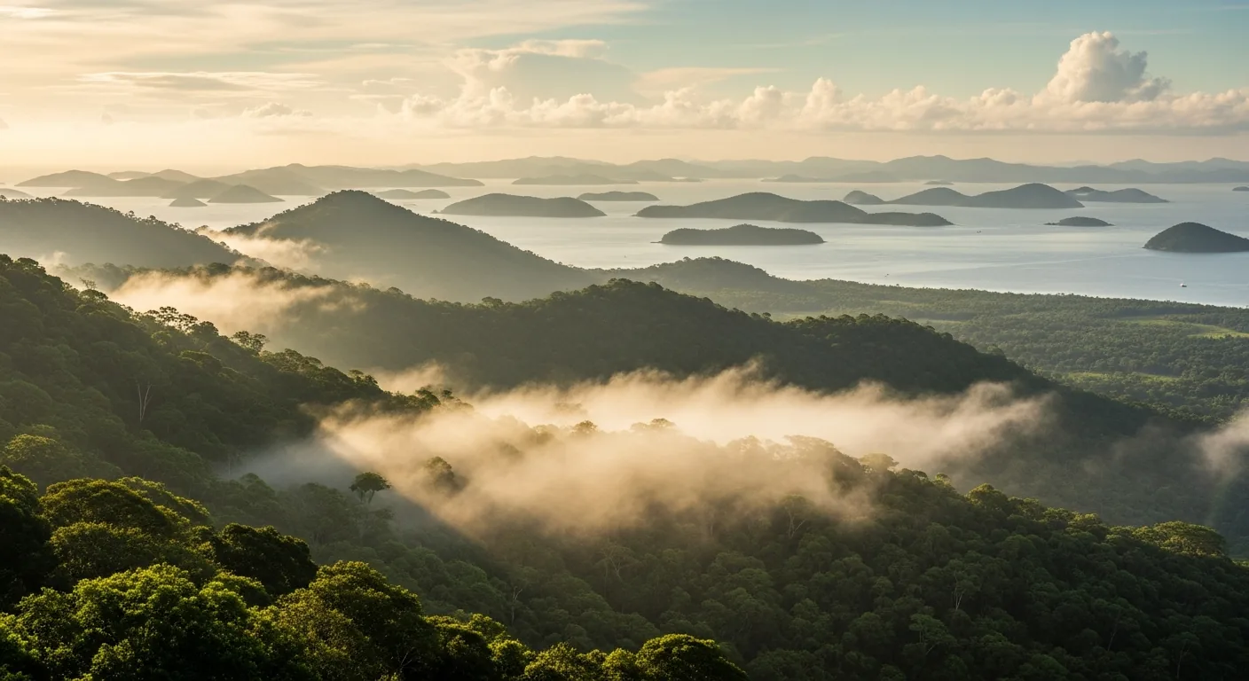 Morning mist over Atlantic rainforest canopy with the Bay of Paraty and islands beyond